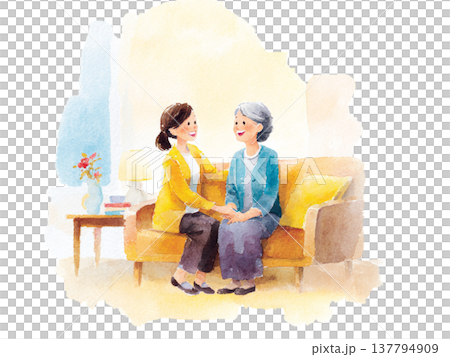 水彩画風の高齢者に寄り添う介護士の介護イラスト 137794909