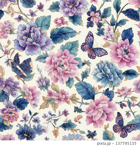 watercolor painting of leaf and flowers, seamless 137795135