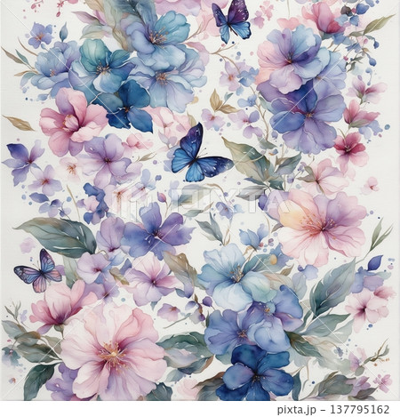 watercolor painting of leaf and flowers, seamless 137795162