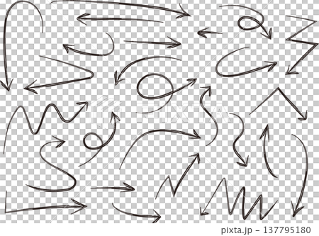 A set of variations of hand-drawn arrows with a brushstroke style - monochrome, black. 137795180