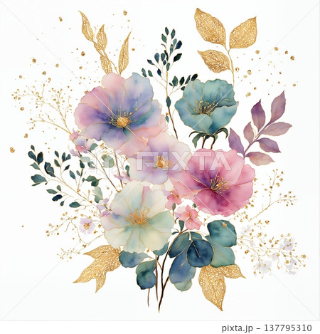 watercolor painting of leaf and flowers 137795310