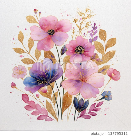 watercolor painting of leaf and flowers 137795311