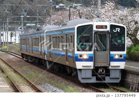 春の木野山駅に到着する伯備線213系電車 137795449