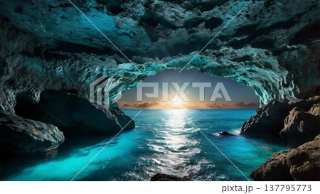 青く輝く神秘の洞窟で光を見つめる女性 ― 希望へ続く幻想のブルーケーブ 137795773