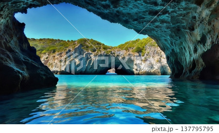 青く輝く神秘の洞窟で光を見つめる女性 ― 希望へ続く幻想のブルーケーブ 137795795