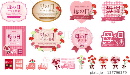 母の日ベクター、バナーに使えるかわいいカーネーションのイラストセット 母の日ベクター、バナーに使えるかわいいカーネーションのイラストセット 137796379