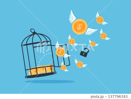 Money flying out from a large birdcage stock illustration. 137796383
