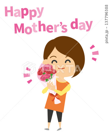 母の日にカーネションをもらって喜ぶママのイメージイラスト 137796388