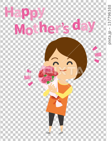 母の日にカーネションをもらって喜ぶママのイメージイラスト 137796388