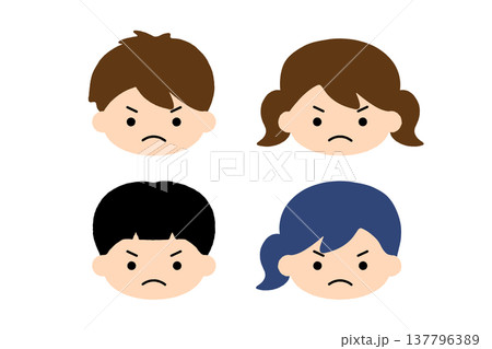 怒る子供の顔アイコンセット 男の子と女の子のかわいいキッズ表情イラスト 感情リアクションキャラクター 137796389