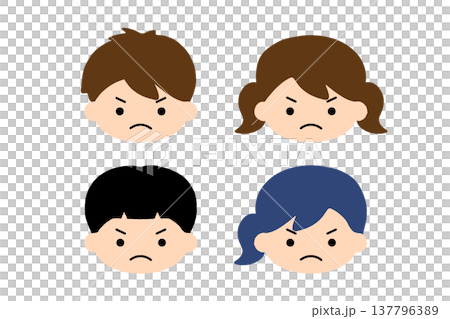 憤怒兒童表情圖示集:可愛的男孩女孩臉部表情插圖,情緒反應角色。 憤怒兒童表情圖示集:可愛的男孩女孩臉部表情插圖,情緒反應角色。 137796389
