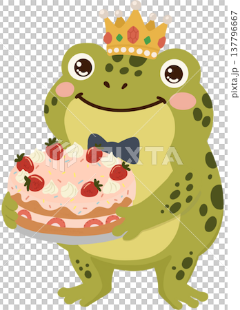 Cute frog wearing a golden crown and bow tie while holding a strawberry cake decorated with cream and sprinkles.  137796667