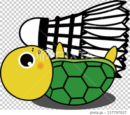 An illustration of a cute, laid-back character: a turtle hugging a badminton shuttlecock. 137797027
