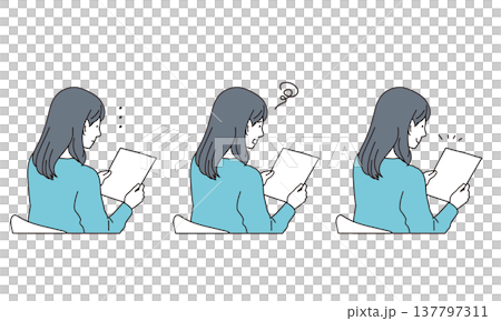 書類を見つめる女性の表情パターンイラスト素材 書類を見つめる女性の表情パターンイラスト素材 137797311