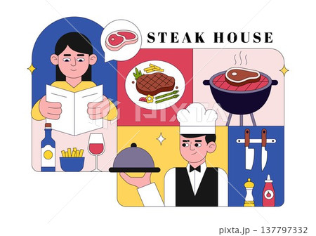 Steakhouse Restaurant Vector Illustration With Chef Grilling Beef Steak, Barbecue Kitchen Scene, Meat Menu Dining Concept And Culinary Food Service 137797332