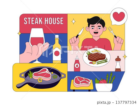 Steakhouse Restaurant Vector Illustration With Chef Grilling Beef Steak, Barbecue Kitchen Scene, Meat Menu Dining Concept And Culinary Food Service Steakhouse Restaurant Vector Illustration With Chef Grilling Beef Steak, Barbecue Kitchen Scene, Meat Menu Dining Concept And Culinary Food Service 137797334