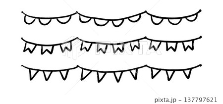 Hand drawn bunting pattern set. Crayon doodled flag garland back. Vector drawn party pennon illustration. Kid sketched celebration flag chains and pennons for birthday decoration, footer, banner Hand drawn bunting pattern set. Crayon doodled flag garland back. Vector drawn party pennon illustration. Kid sketched celebration flag chains and pennons for birthday decoration, footer, banner 137797621