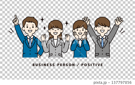 採用・内定が決まって喜ぶ、若い男女のビジネスパーソン・就活生の上半身ベクターイラスト素材 137797856