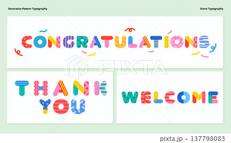 A colorful collection of decorative typography elements featuring various patterns, perfect for "Thank you", "Congratulations", and "Welcome" signs. A colorful collection of decorative typography elements featuring various patterns, perfect for "Thank you", "Congratulations", and "Welcome" signs. 137798083