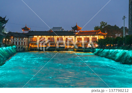 The Dujiangyan irrigation system consists of two major bridges, the Nanqiao Bridge and the Langqiao Bridge.  1 November 2025, Chengdu, China 137798212