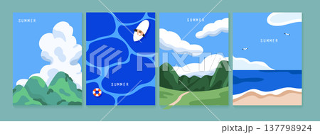 A clean and minimal vector illustration of a bright summer landscape. 137798924