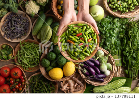 Organic Southeast Asian vegetables from local farmer market in Northern Thailand Organic Southeast Asian vegetables from local farmer market in Northern Thailand 137799111