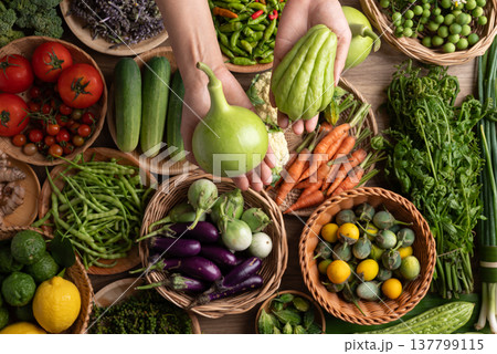 Organic Southeast Asian vegetables from local farmer market in Northern Thailand Organic Southeast Asian vegetables from local farmer market in Northern Thailand 137799115