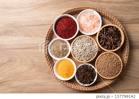 Cumin, turmeric powder, coriander seed, white peppercorn, chili powder, star anise and cinnamon 137799142