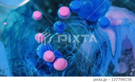 Color ink bubbles. Oil paint. Blur blue purple pink flow glitter acrylic water round vibrant art texture floating on abstract background. 137799156