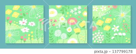 春の花畑のナチュラルパターン背景イラスト｜手描き風でかわいいボタニカルベクター素材 137799178