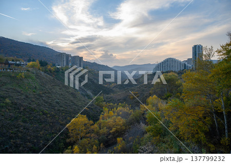 Dramatic Canyon View with Colorful Hillside Houses in Tbilisi Dramatic Canyon View with Colorful Hillside Houses in Tbilisi 137799232