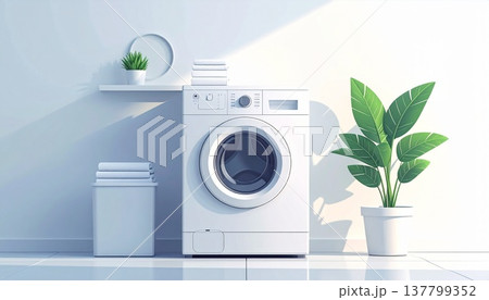 最新のドラム式洗濯機がある清潔なサニタリールームのイラスト：家事効率化とスマートライフのコンセプト 137799352