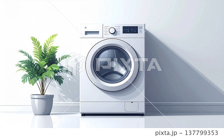 最新のドラム式洗濯機がある清潔なサニタリールームのイラスト：家事効率化とスマートライフのコンセプト 137799353
