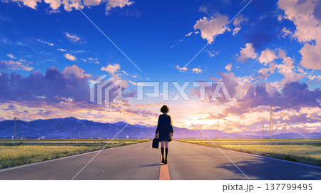 マジックアワーの夕焼け空の下でカバンを手に持ち一本道を歩く学生の後ろ姿と田園風景 137799495