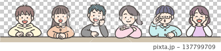 A boy and a girl smiling, leaning on the table with their elbows. A boy and a girl smiling, leaning on the table with their elbows. 137799709