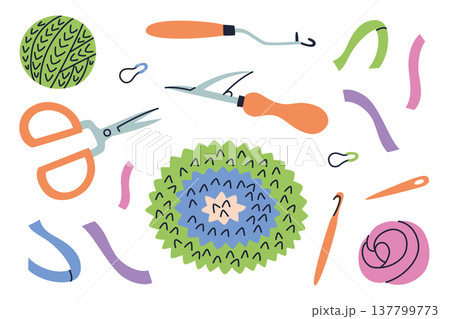 Rag rug making clipart set with colorful rug, hooks, scissors, fabric strips and yarn balls. Handmade home decor and textile craft hobby, DIY interior vector illustration 137799773