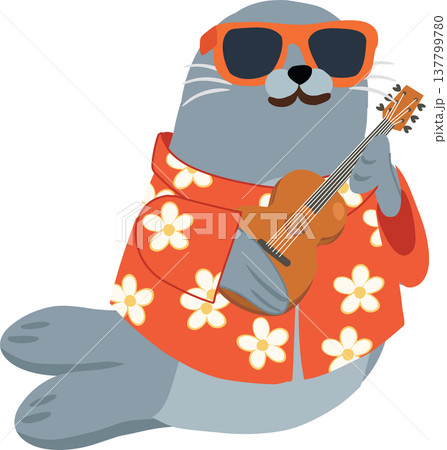 cartoon seal musician with sunglasses and ukulele wearing hawaiian shirt fun summer animal 137799780