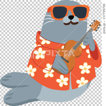 cartoon seal musician with sunglasses and ukulele wearing hawaiian shirt fun summer animal 137799780