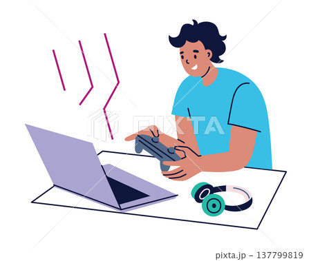 Flat cartoon boy playing video game on laptop with controller, headphones on desk. Male character, gaming hobby and online entertainment scene, gamer lifestyle vector illustration Flat cartoon boy playing video game on laptop with controller, headphones on desk. Male character, gaming hobby and online entertainment scene, gamer lifestyle vector illustration 137799819