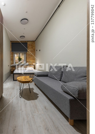 Private Hostel Room with Double Bed and Wood Slab Table 137799842