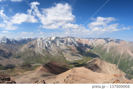Panorama of Tien Shan mountains from Satpayev Peak, Kazakhstan. High altitude rocky ridges and blue sky with clouds. 137800008