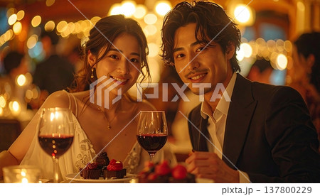 豪華な結婚式二次会でワインとデザートを楽しみ笑顔で寄り添う幸せなカップル 137800229