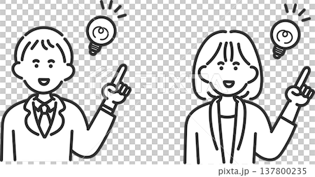 ビジネスマンとビジネスウーマンがひらめくイラスト素材セット 線画のみ ビジネスマンとビジネスウーマンがひらめくイラスト素材セット 線画のみ 137800235