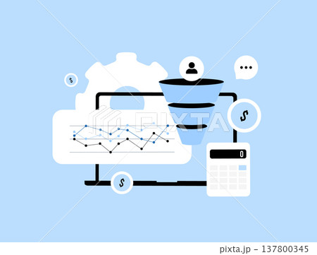 AI revenue attribution funnel, marketing data filtering system tracking user value flow from acquisition to conversion with financial analytics and ROI calculation. Marketing campaign optimization AI revenue attribution funnel, marketing data filtering system tracking user value flow from acquisition to conversion with financial analytics and ROI calculation. Marketing campaign optimization 137800345