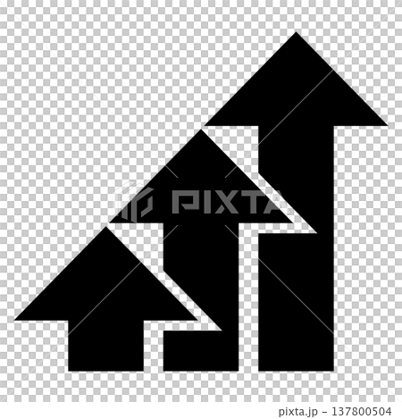 A business icon with three overlapping upward arrows arranged in a staircase pattern (step up, growth, gradual development, monochrome, silhouette) 137800504