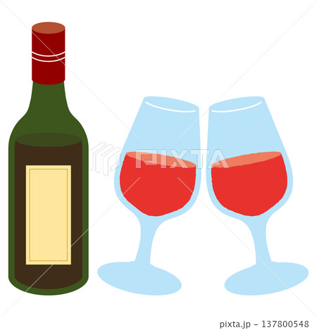 赤ワインのボトルとペアグラスのイラスト 137800548