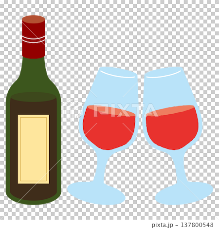 赤ワインのボトルとペアグラスのイラスト 137800548