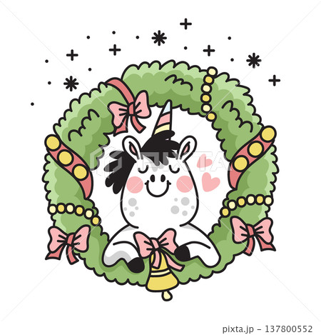 Cartoon unicorn peeks out of the Christmas wreath vector illustration Cartoon unicorn peeks out of the Christmas wreath vector illustration 137800552