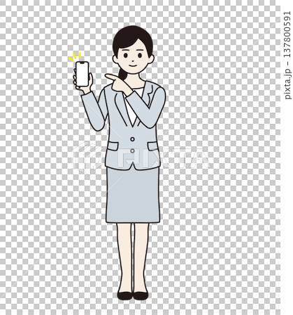 一位身穿西裝的女子指著她的智慧型手機(全身照) 一位身穿西裝的女子指著她的智慧型手機(全身照) 137800591