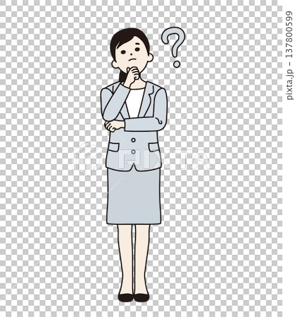 顎に手を当てて考えるスーツの女性　全身 137800599